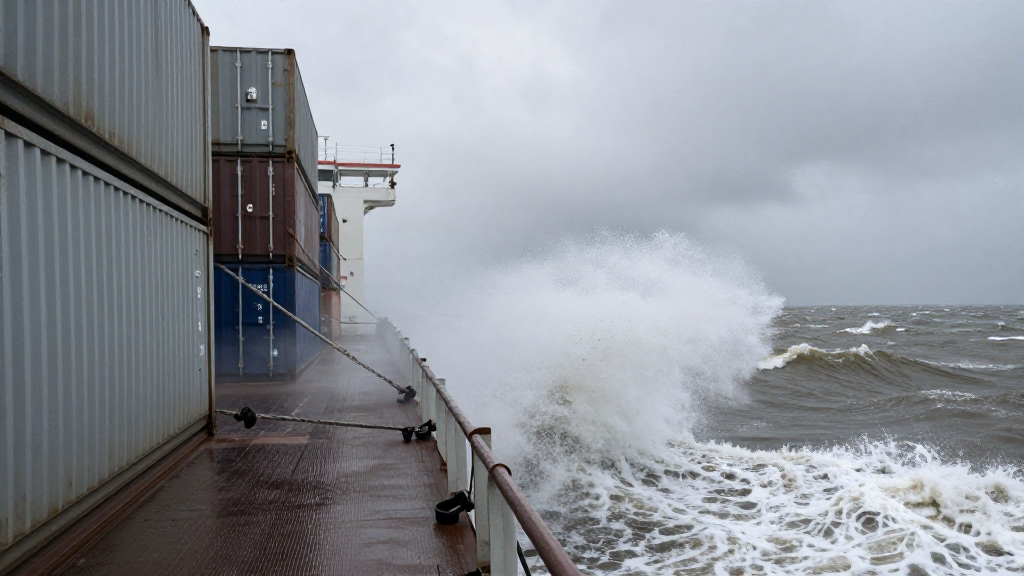 Контейнеровоз в Балтийском море в штормовых условиях осенью, контейнеры на палубе закреплены лашингами.