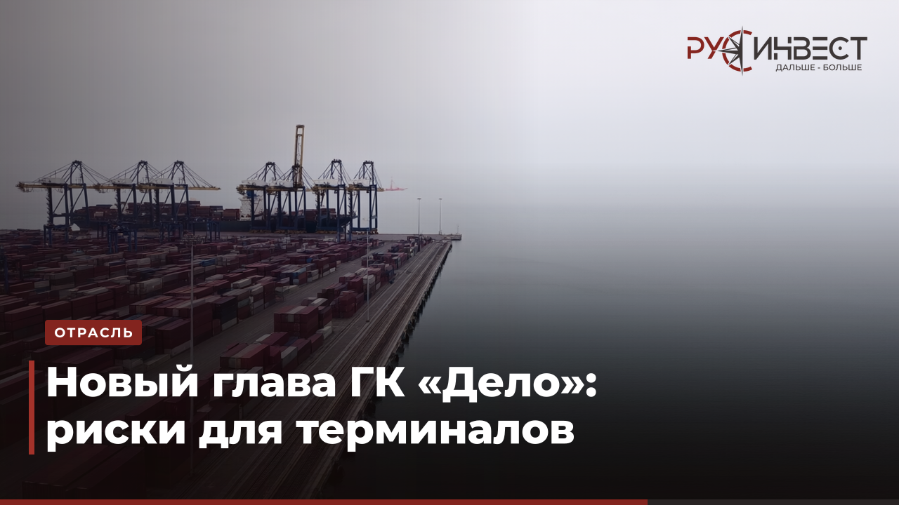 Вид с дрона на контейнерный терминал в пасмурную погоду с кранами и штабелями контейнеров.